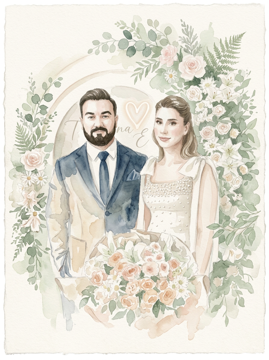 Ayşenur ve İbrahim suluboya portresi
